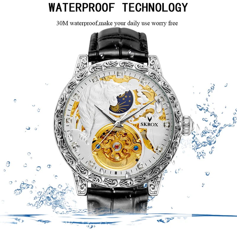 Skrox high-end luxo ouro diamante tigre relógio masculino elegante moonphase tourbillon movimento automático mecânico masculino relógio