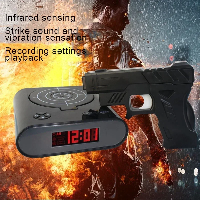 Target Shooting Electronic Alarm Clock, LED Pistol Shooting Student Lazy Recording Alarm Clock, Gun Model Desk Clock Digital