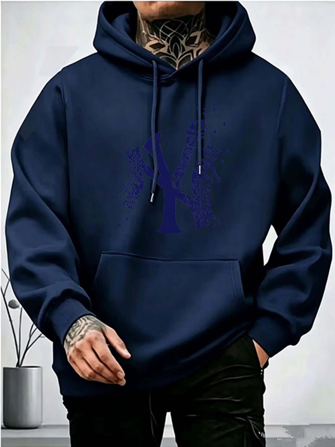 Street style men's hoodie sweatshirt with fun distressed print, perfect for autumn and winter, warm and sporty, a Y2K trend.