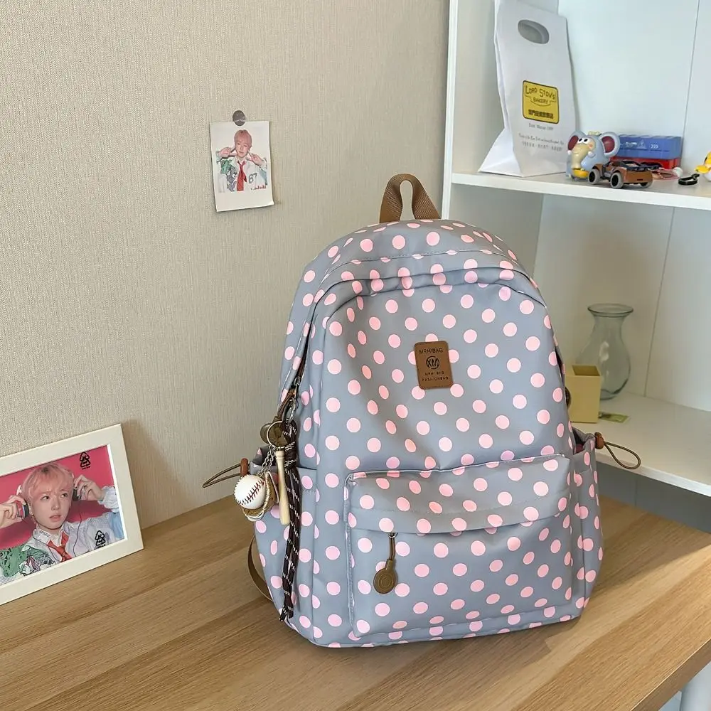 Y2k Süßer Polka-Dot-Rucksack, mehrfarbig, mit mehreren Taschen, Spitzenbesatz, strapazierfähiger minimalistischer Schulrucksack für Studenten und College. – Detail 10