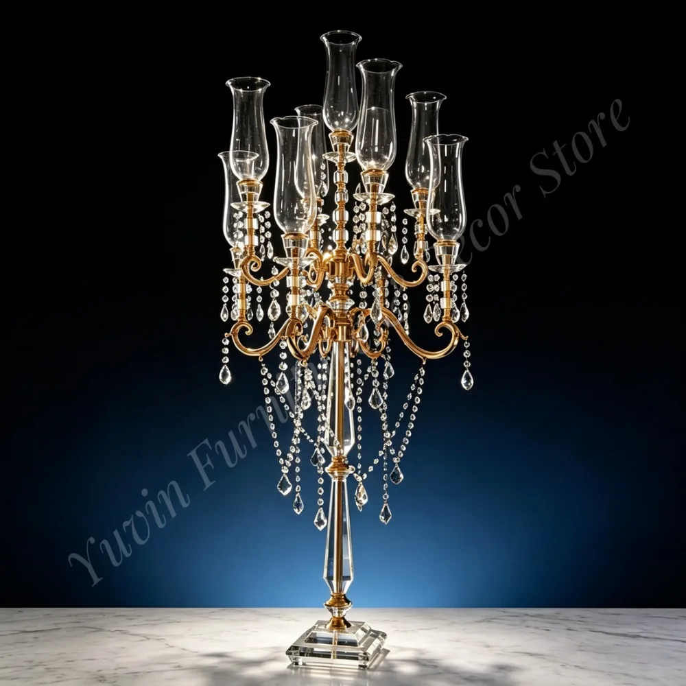 Gold 9 Arms K9 Crystal Candelabra Windproof Glass Shades Hanging Crystal Drops Wedding Banquet Centerpiece Luxury Easter Event