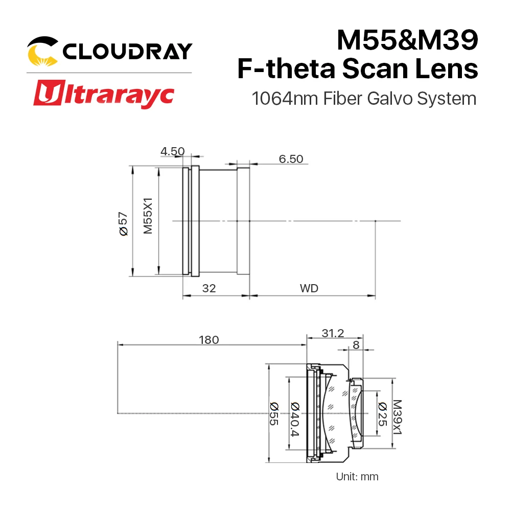 Ultrarayc กระจก K9 F-theta Scan-Lens galvo เลนส์ M55 & M39เกลียวสำหรับ1064nm YAG ใยแก้วนำแสงเครื่องหมาย galvo ระบบ