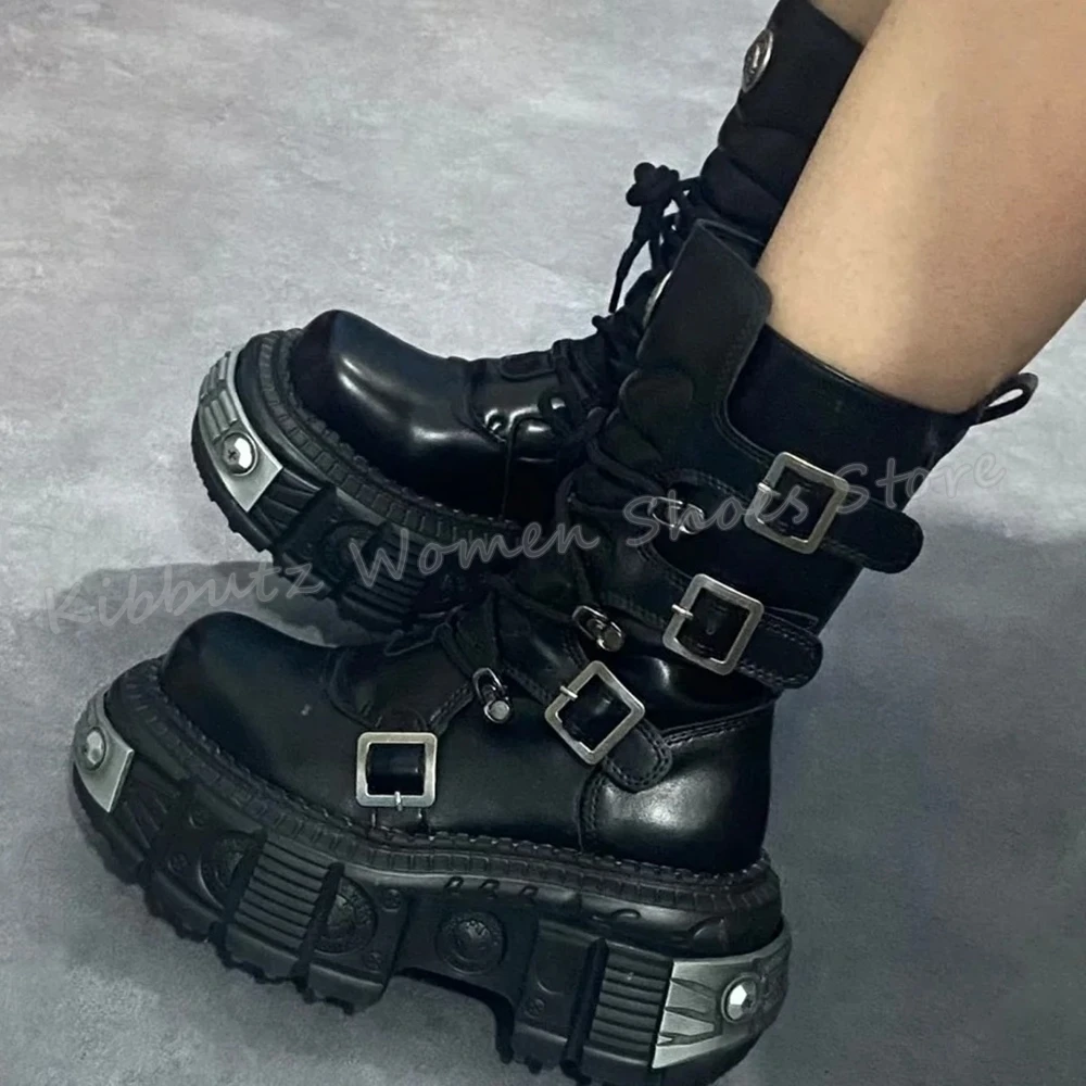 

Gothic Punk Ankle Boots Belt Buckle Round Toe Thick Bottom Lace-Up Genuine Leather Solid Color Fashion Elegant Sexy Women Shoes