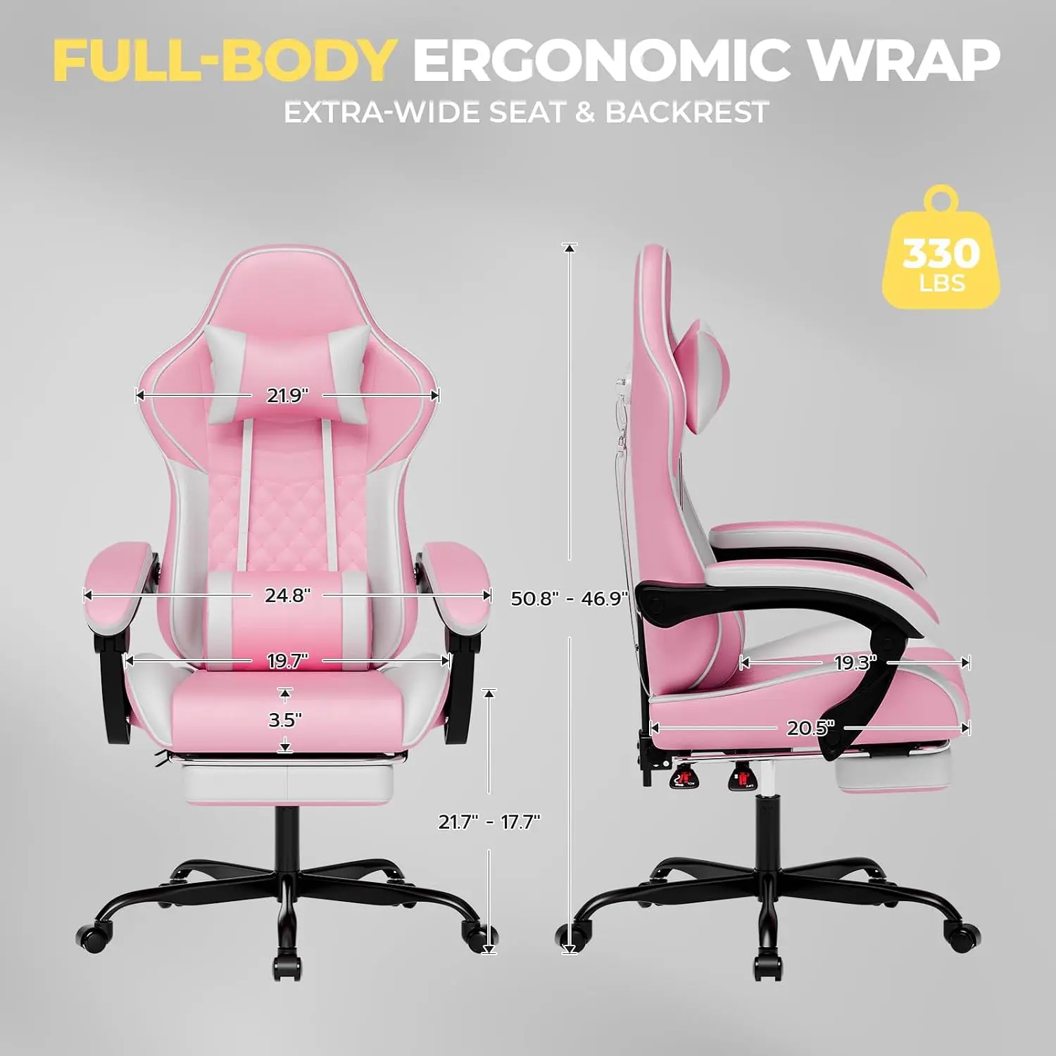 Gaming Chair with Footrest & Massage Lumbar Support, Ergonomic Video Gaming Chair for Adults, High Back Reclining Computer Chair with Headrest, 90°-135° Recline, Cute Pink Desk Chair for Girls Women
