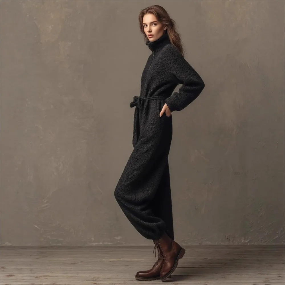 Zipper Stehkragen Kordelzug Spitze-up Taille Abnehmen Sport Overall Herbst Winter Neue Mode Lässig Einfarbig Overall