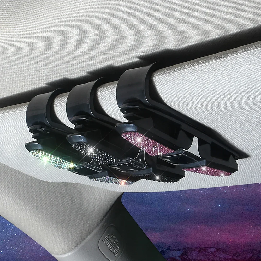 Diamond Crystal Car Sunglass Clip Sun Visor Glasses Holder Auto Decor Clip Bill Bracket Car Bling Accessories for Women