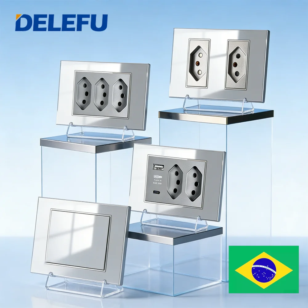 DELEFU Grey Tempered Glass Triple Brazil USB TypeC Fast Charging Wall Socket Switch CAT6 10A 20A Integrated Module
