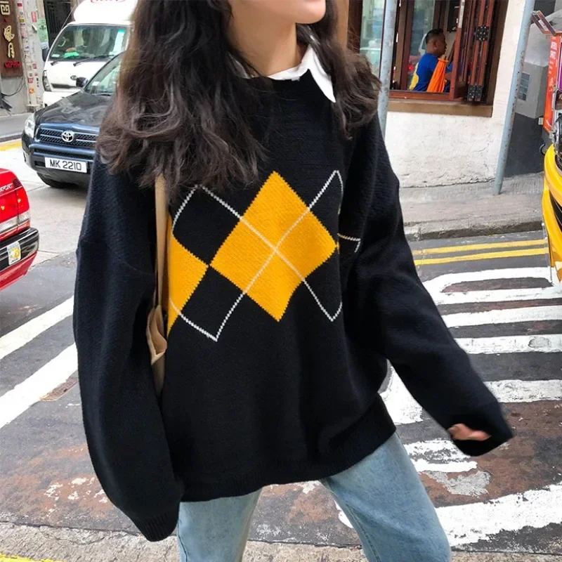 

Women Knit Sweater Fashion Oversized Pullovers Ladies Winter Loose Sweater Korean College Style Women Jumper Plaid Sweater 16691