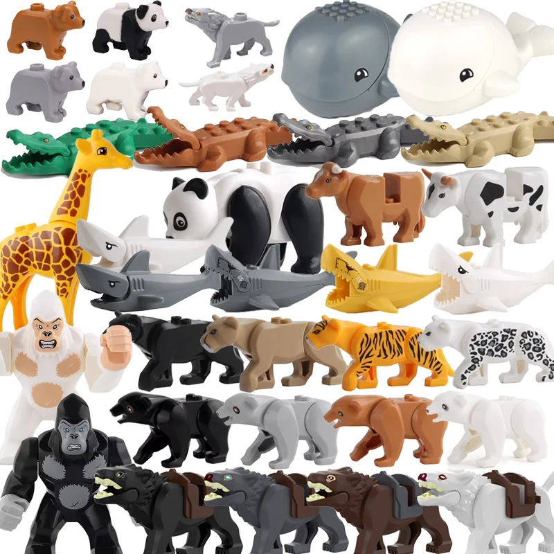 MOC City Animal Building Blocks Zoo Model Accessories Crocodiles Leopard Bears Panda Chimpanzee Wolf Cows Bricks Kids Toys Gifts