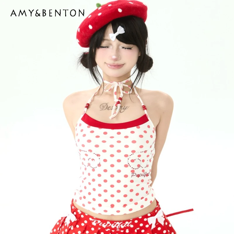 

Original Design Red White Polka Dot Beaded Halter Rhinestone Women's Sling New Sweet Cute Age-Reducing Sleeveless Vest Ladies