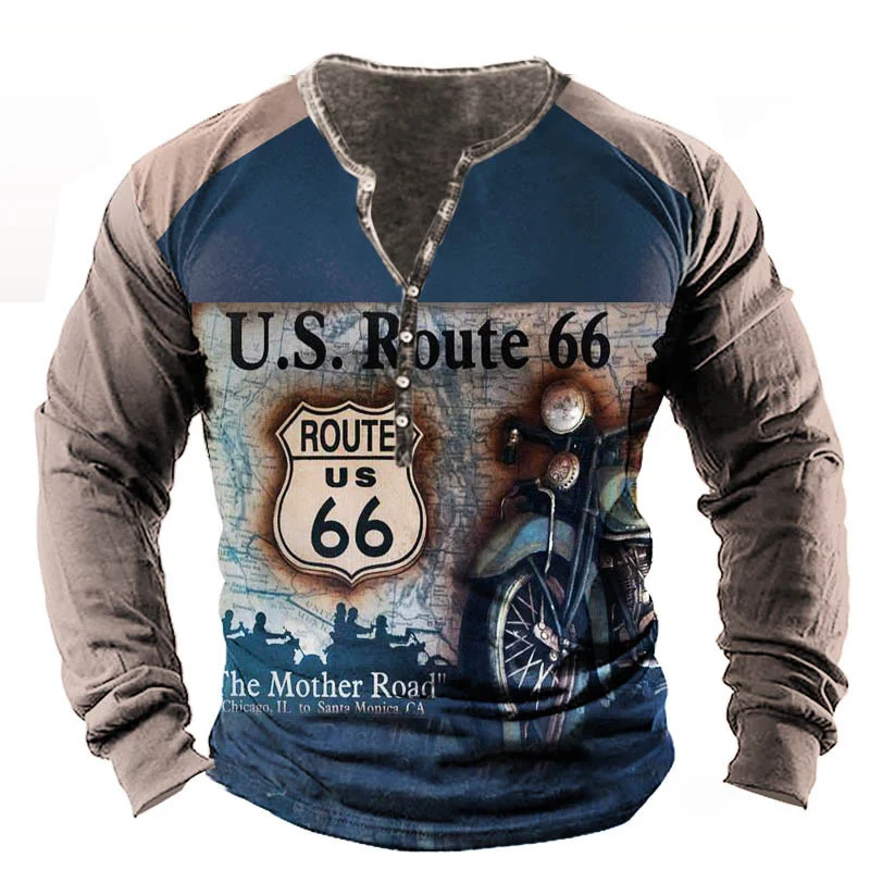 Vintage T-shirt For Men Cotton T Shirts Rout 66 Graphic T-shirts Long Sleeve V-Neck Tee 3D Printed Oversized Men's Clothing Tops