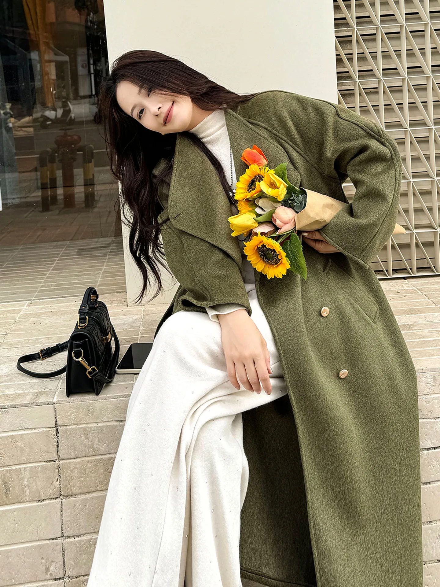 

een Camere Woolen Coat Women's Autumn Winter High-End Long Double-Faced Tweed Jaet Korean Sle Turn-down Collar
