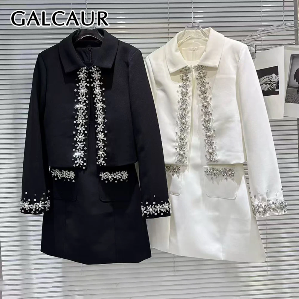 

GALCAUR однотонный комплект из двух предметов с бриллиантами, женская куртка с лацканами и длинными рукавами, элегантные женские комплекты с юбкой, осенняя мода, новинка