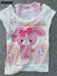 T-shirt Lolita con stampa cartone animato giapponese donna Sweet Y2k estetica finta due pezzi top ragazze Harajuku Grunge Kawaii Summer Tees