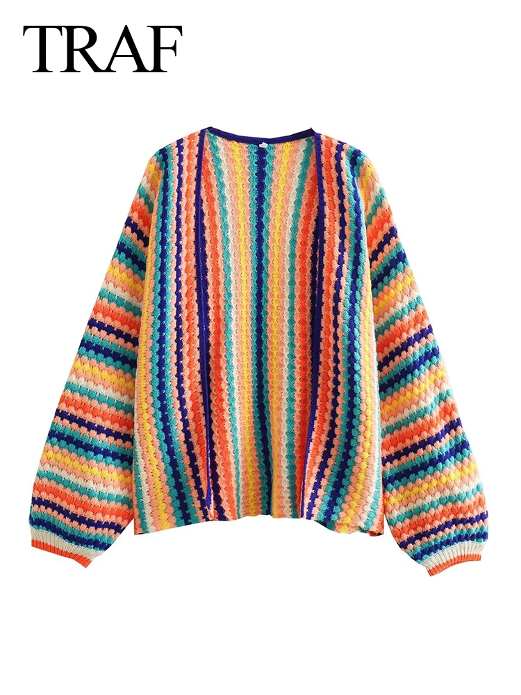 TRAF Autumn Fashion Women Streetwear Crochet Striped Knit Open Stitch Colorful Sweater Vintage Loose Long Sleeve Cardigans