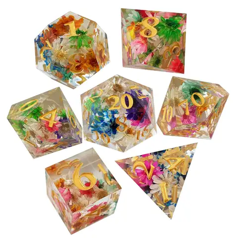 7 Pieces Polyhedral Dices Set Transparent Flower for Parties KTV Table Games