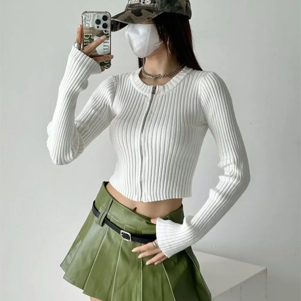 

YPFF Women's Slim-Fit Solid Color Cardigan round Neck Zipper Sweater Long-Sleeved Autumn Winter Knitted Top
