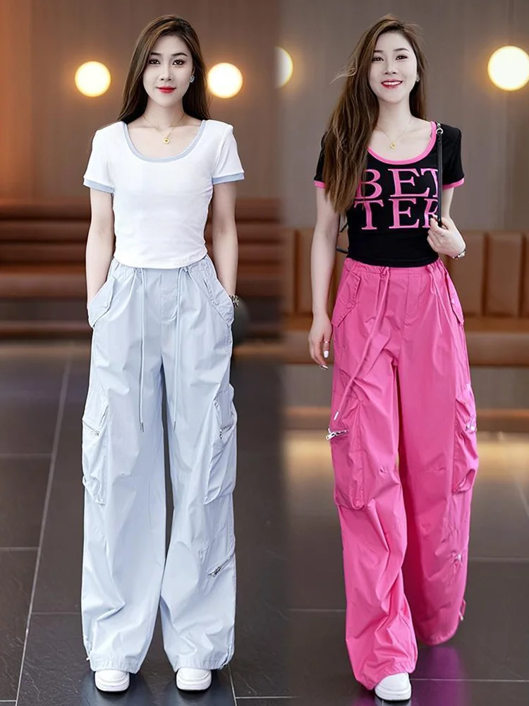 

Fashionable Summer 2026 Women's Dopaamine Workwear Pants And Short Sleeve Top Sporty Casual Two-Piece Set Breathable round Neck