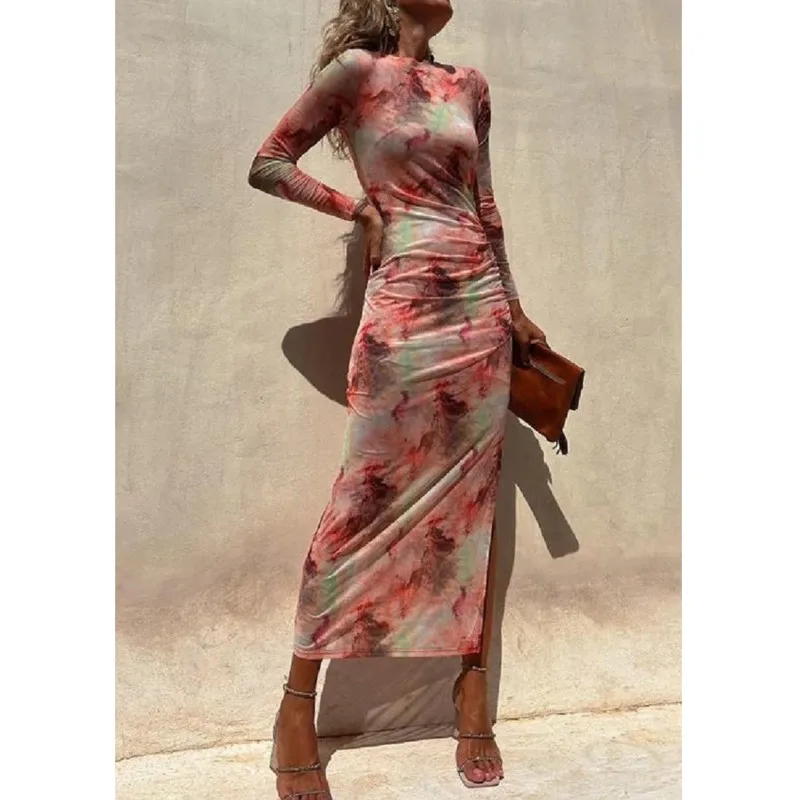 Autumn New Mesh Sexy Printed Women\'s Long-sleeved Dress Simple Lace Fashion Slim Stretch Women\'s Party Nightclub Dress