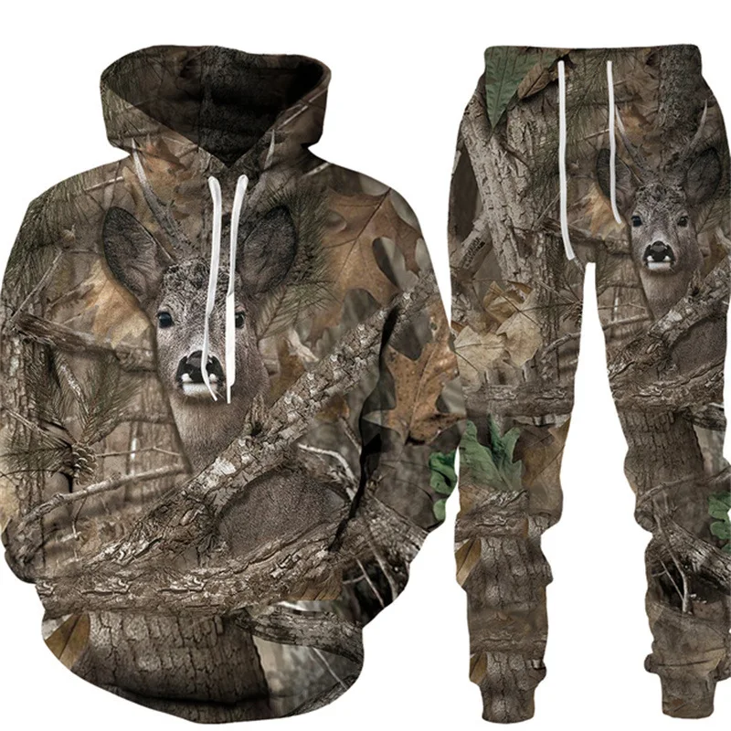 men's hoodies pants set Hot Sale camouflage wild boar hunting 3D printed animal series sportswear two-piece outdoor sports suit