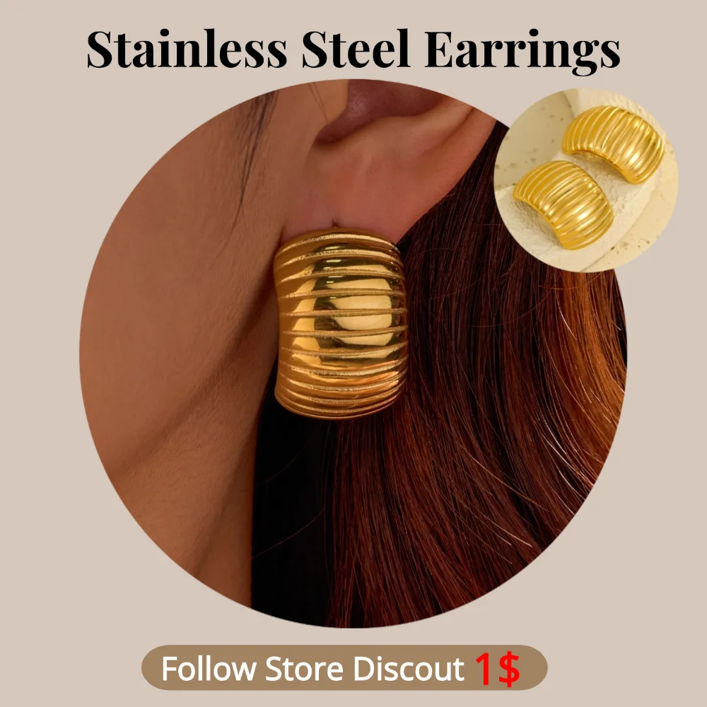 

Stainless Steel C Shape Textured Earrings Plated 18k Gold Non Tarnish Waterproof Trendy Fashion Jewelry Earrings For Women Gift