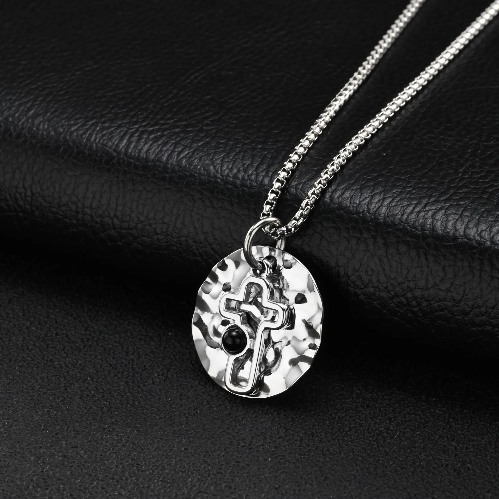 Vnox Men Stainless Steel Hammered Disc Necklace, Hollow Cross Pendant Natural Black Onyx, Box Chain Punk Religious Jewelry Gift