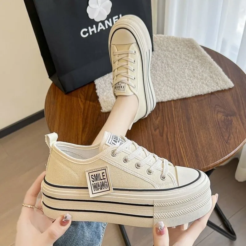 White canvas Sneakers for Women trend 2024 Chunky Platform Women's Sports Shoes Fashion Thick Bottom PU Leather Sneakers