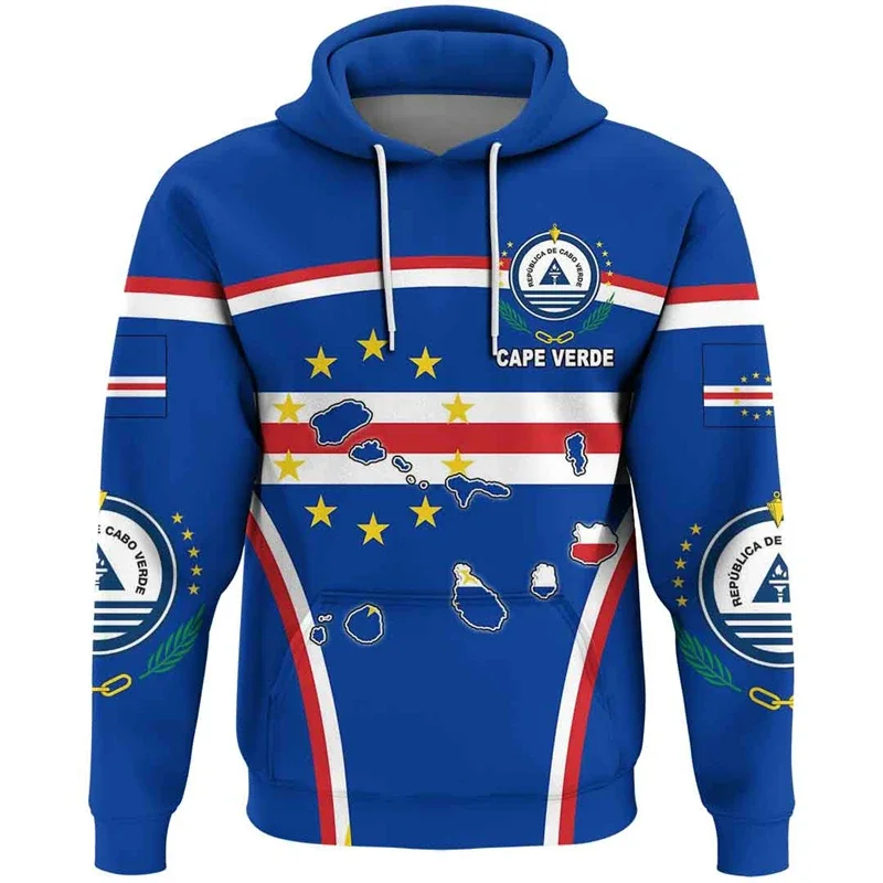 25-26 Afrique Cape Verde Carte Drapeau Impression 3D Sweat à capuche pour hommes Vêtements de sport patriotiques Modèle d'emblème national Vêtements de sport Haut pour hommes 5XL