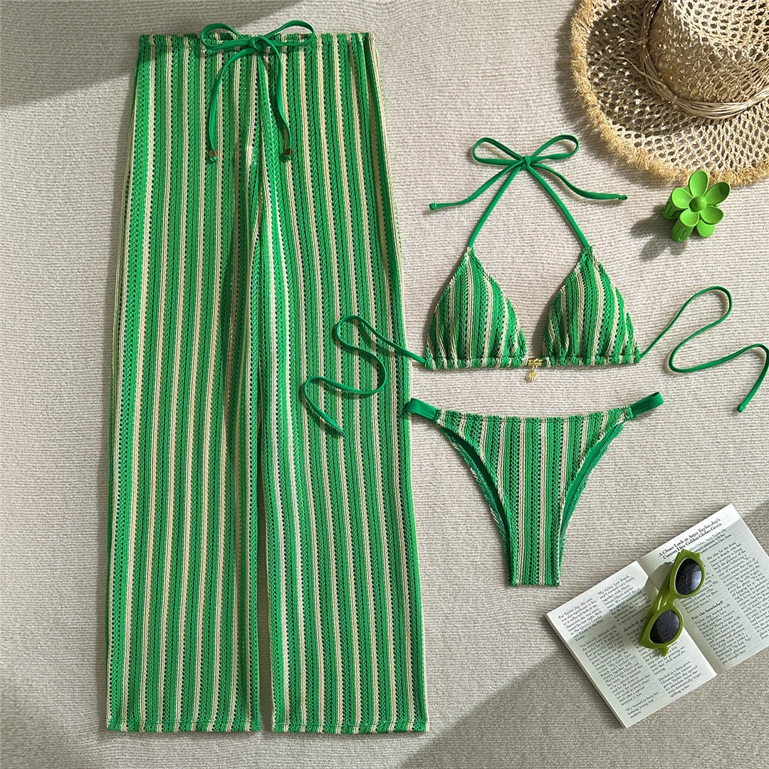 5 Farben mit Hose, gestreifter Neckholder-Bikini, Damen-Badebekleidung, dreiteiliger Bikini-Set, Badeanzug, Badebekleidung, Schwimmbekleidung V7838P – Detail 27