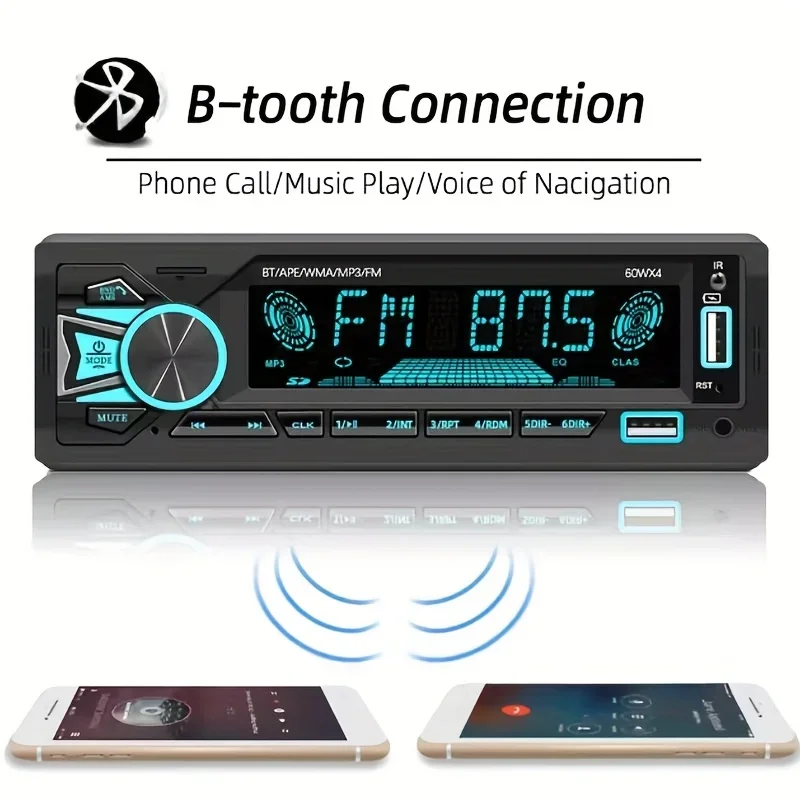 1pc Car Radio Srereo1din Wireless MP3 Player 60Wx4 FM Receiver with Remote Control AUX/USB/TF Card In Dash Kit, Without Battery