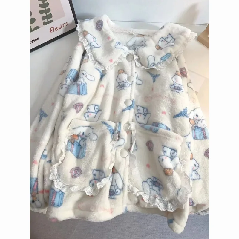 

Пижамы с кукольным воротником Cinnamoroll, мягкие зимние коралловые бархатные утепленные костюмы с длинными рукавами для девочек, милая и милая студенческая домашняя одежда