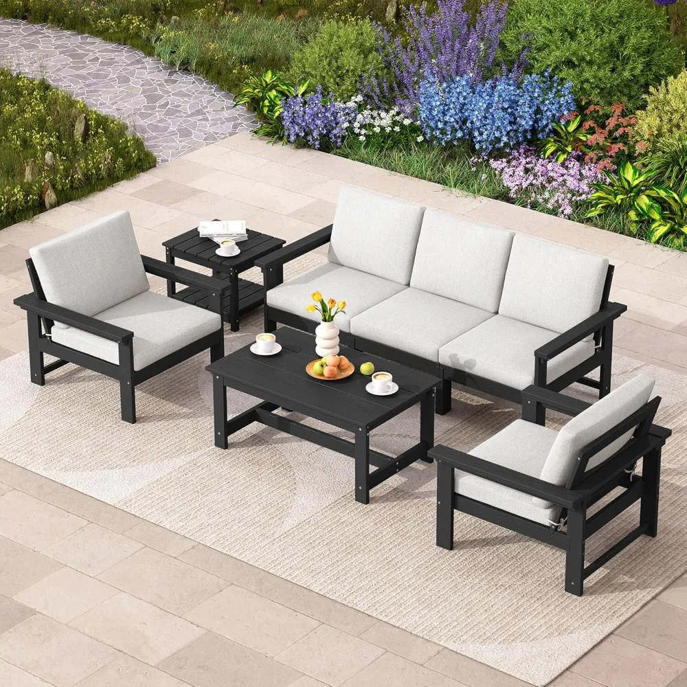 HDPE Outdoor Patio Furniture Set, 7-Piece Outdoor Sectional Patio Conversation Set, All Weather Outdoor Couch Set Patio