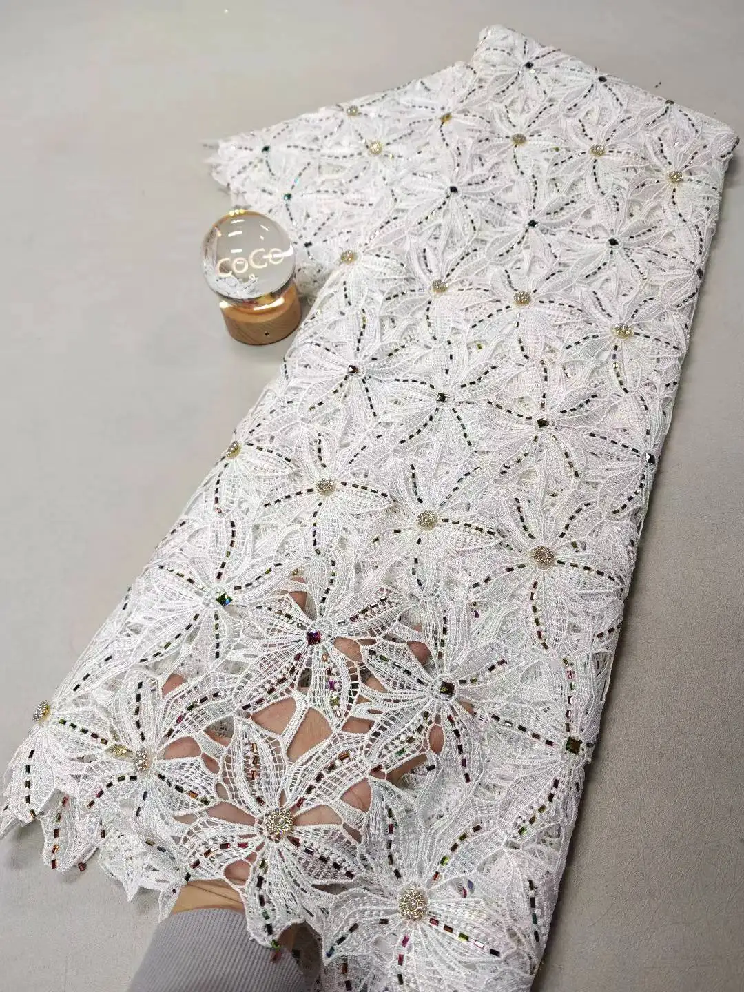 

African & French Lace Fabric Per Meter,5 Yards White Cotton Tulle Fabrics With Rhinestone, Suitable For Wedding Dresses Design