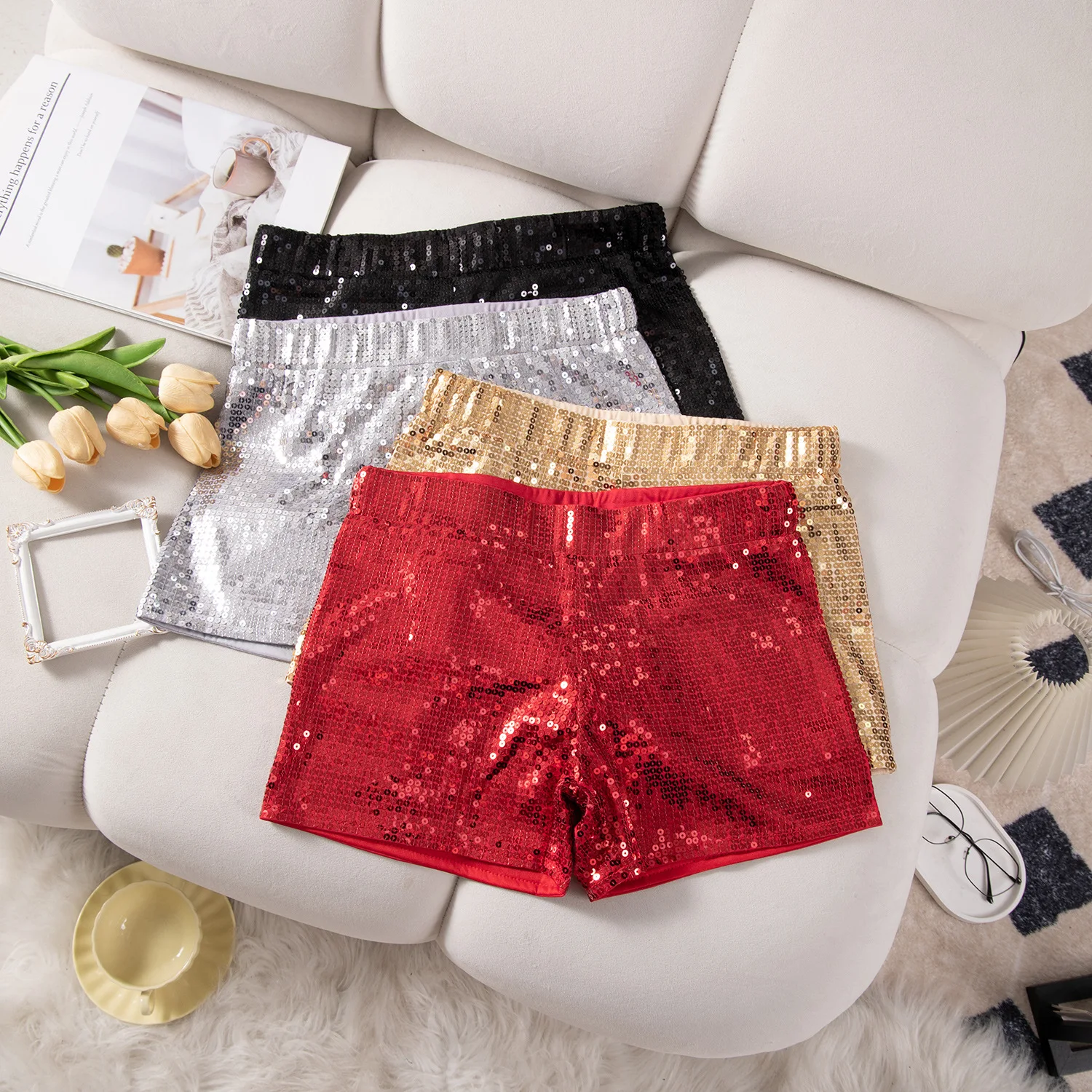 Women Sparkly Sequin Shorts Glitter Elastic High Waisted Sparkle Straight Legs Shorts for Parties