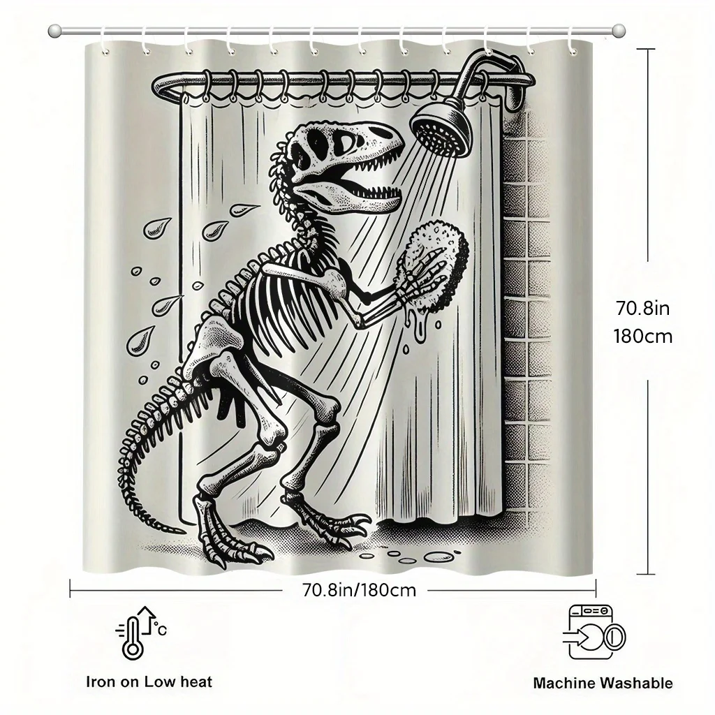 Black & White Dinosaur Skeleton Illustration Shower Curtain 1pc with 12 Hooks for Bathroom Home Decor Polyester  70.8x70.8 Inch