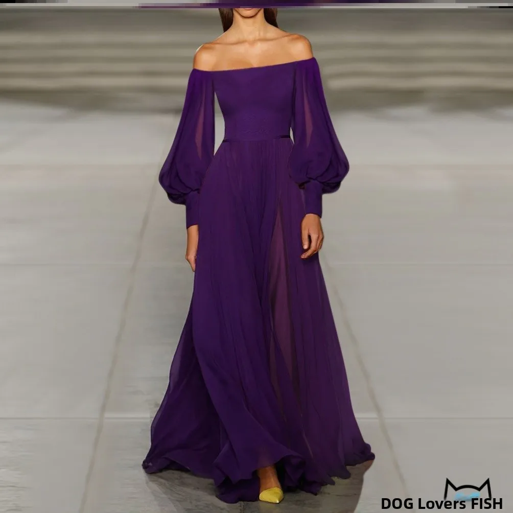 

One Shoulder Long Purple Dress Lantern Sleeve Commute Style High Waist A-Line Skirt Evening Gown Single Piece Pure Color