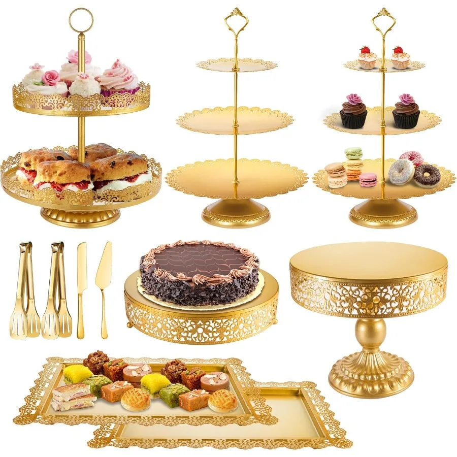 

Gold Cake Stand Metal Dessert Table Display Set Tiered Cupcake Holder Fruit Candy Donut Plate Serving Tower Tray Platter Gold