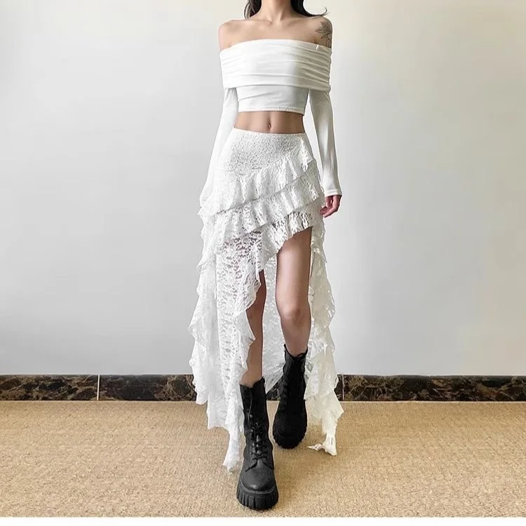 White Sweet Lace Stitched Ruffled Hemline High-waisted Full-length Skirt for Women, Suitable for All Seasons, Irregular Design.