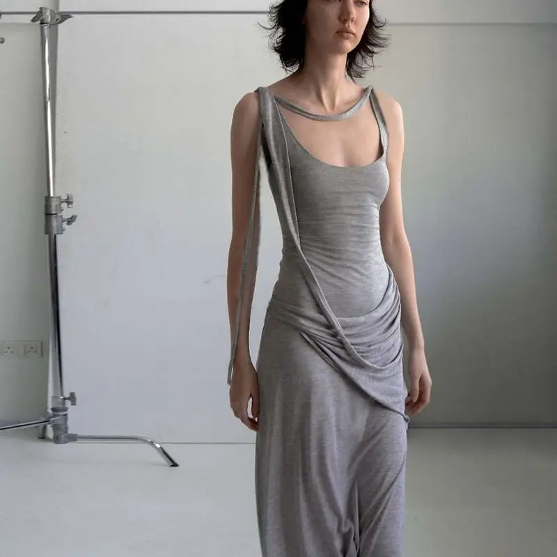 Waist Slimming Camisole Dress Women Sexy Low Collar Laziness Casualness Comfort Irregular Strap Skirt Sleeveless Maxi Sundress