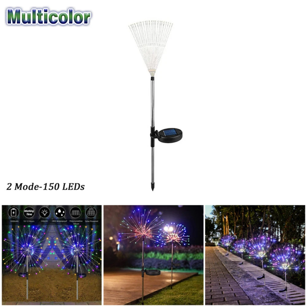 Luz de estaca Starburst de fuegos artificiales alimentada por energía Solar, luz blanca cálida para jardín, iluminación exterior, Multicolor, 150 LED