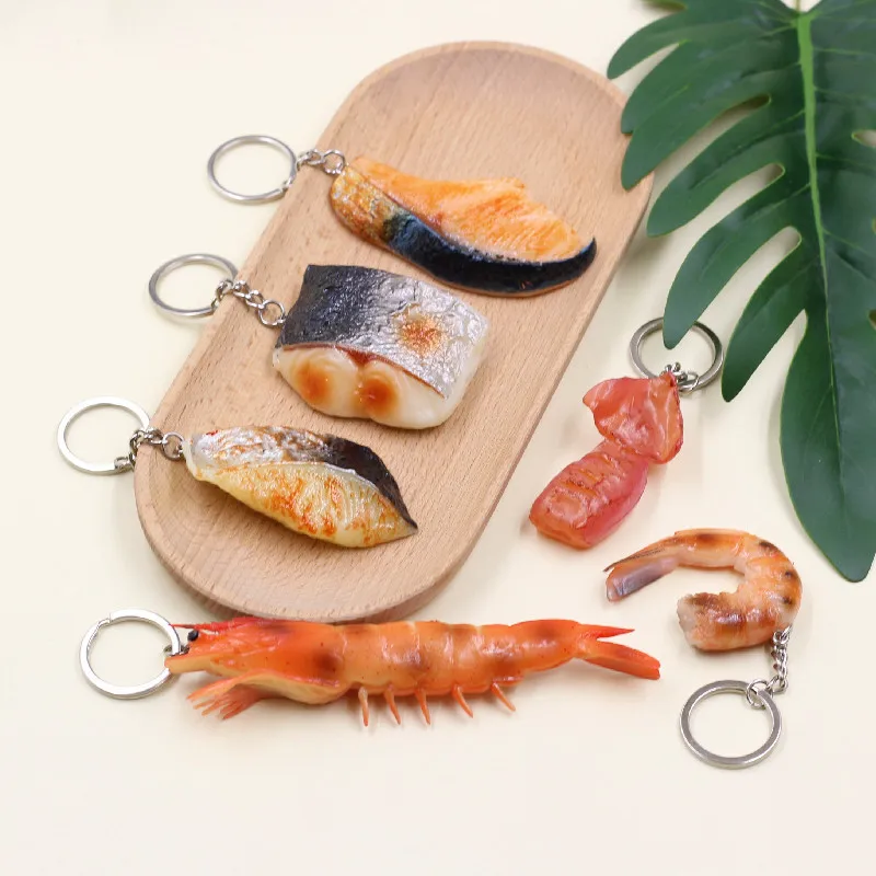 Simulation Food Keychain Grilled Fish Fillet Large Shrimp Keychain Food Squid Cubs Car Key Chain Backpack Pendant Gifts Keyring