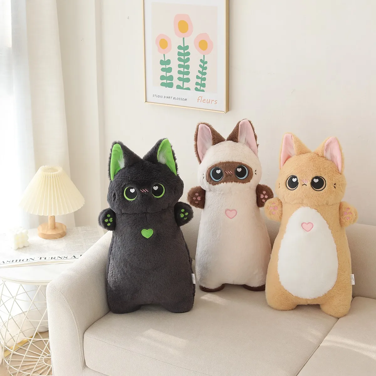 1PC 55cm Long Giant Cats Plush Toy Cylidrical Pig Animal Pillow Kawaii Siamese Cat Stuffed Plushie Children Sleeping Friend Gift