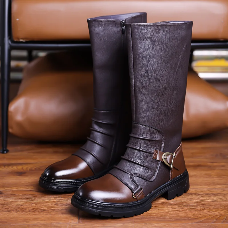 Men's Boots High Quality Cow Leather Mid-calf Boots Outdoor Casual Long Tube Boot Fashion Men Motorcycle Boots Botas Para Hombre