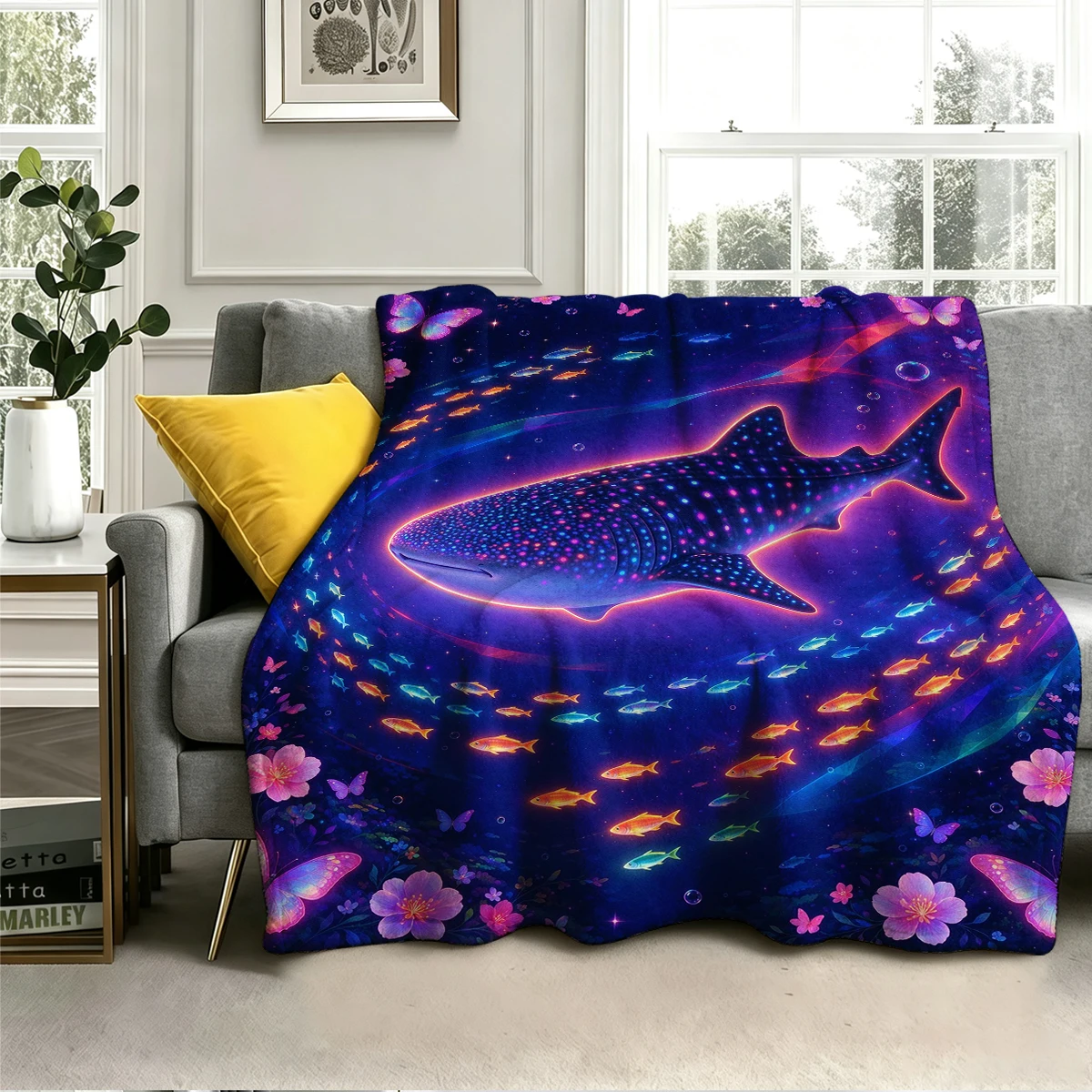 Neon Whale Shark Fish Night Flannel Blanket Warm Soft Halloween Christmas Decorative Couch Warm Cozy All-Season Gift