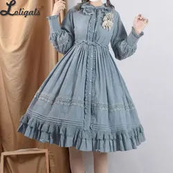 Abito Lolita classico a maniche lunghe Abito camicia midi abbottonato con volant in cotone jacquard primaverile di Strawberry Witch