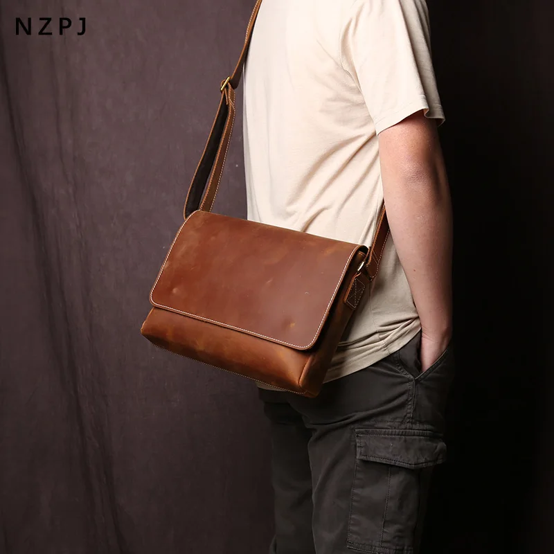 NZPJ Men's Retro Leather Shoulder Bag Crazy-Horse Leather  Horizontal Crossbody Bag Top Layer Leather Casual Ipad  Bad