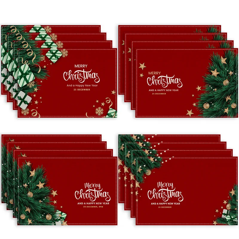 

4Pcs Christmas Print Placemat Linen Dining Table Mats Coaster Bowl Coffee Cup Pad Mat 2024 Navidad Home Kitchen Decoration