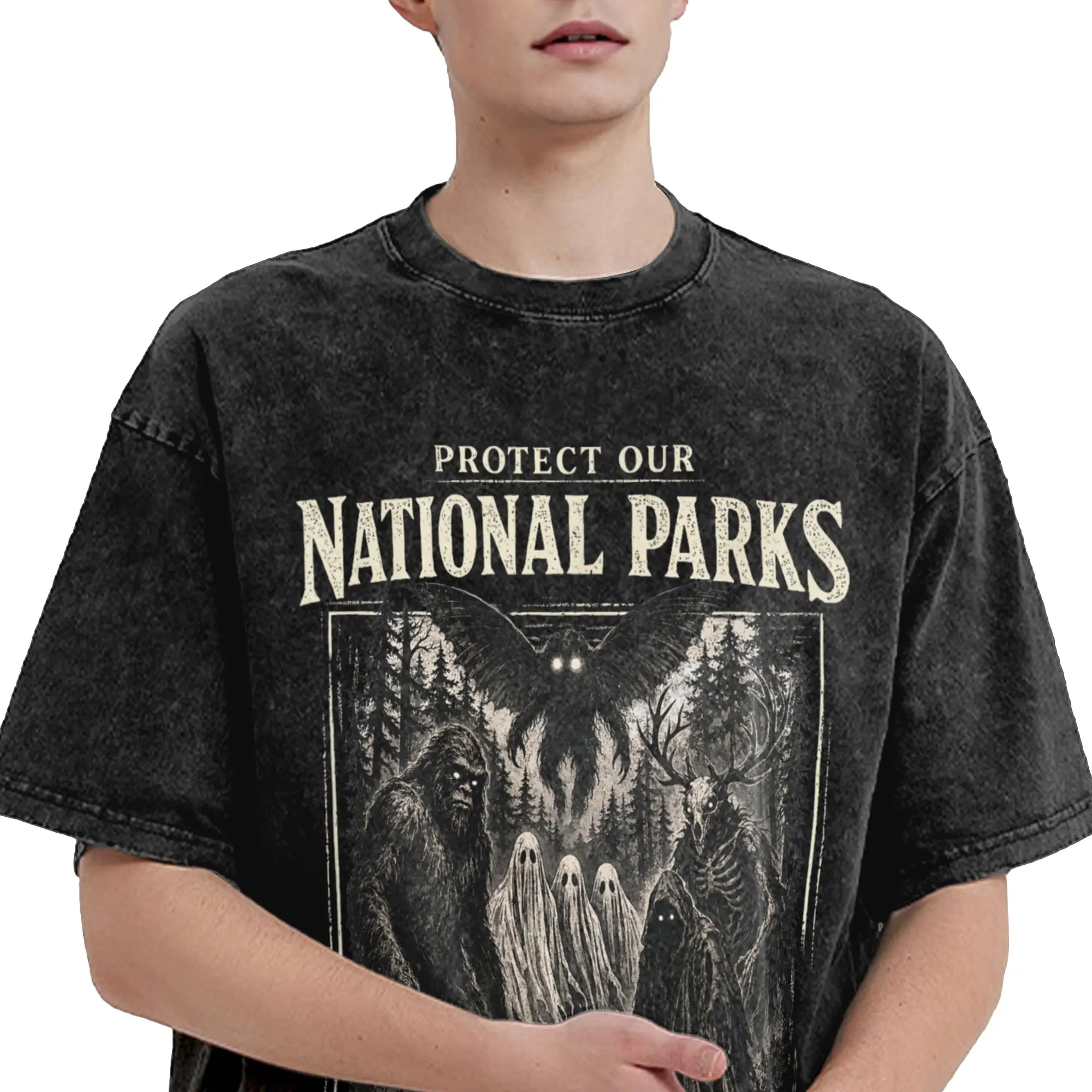 Protect Our National Parks Or We'll Haunt Your Backyard Washed T Shirt Streetwear Hip Hop Fashion T-Shirt  Tees for Men Women