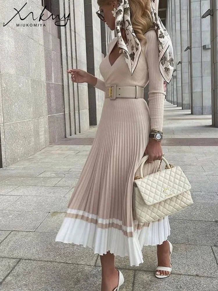 Long Autumn Winter Dresses For Women 2022 Elegant Knitted Pleated Dress V  Neck Office Ladies Chic Women Dresses Winter 2022