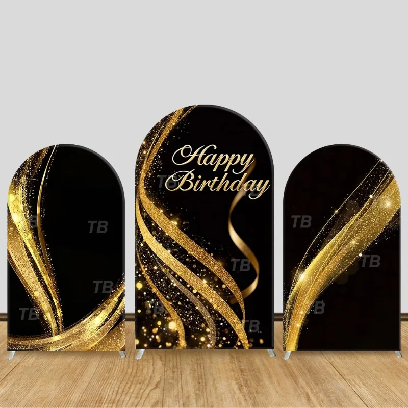 

Black Gold Glitter Happy Birthday Arch Backdrop Cover Luxury Party Decor Photo Booth Background Celebration Supplies